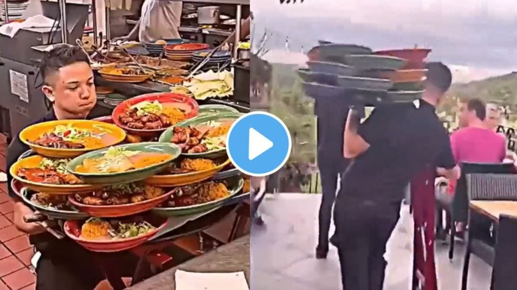 Waiter carries more than a dozen plates at once over his one hand