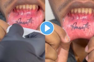 Man gets his girlfriends name tattooed inside his lower lip