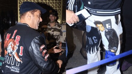 Salman khan Salman khan airport look Salman wore trousers with his face on it Salman khan pant video viral सलमान खान पँटवर त्याचाच चेहरा एअरपोर्ट लूक