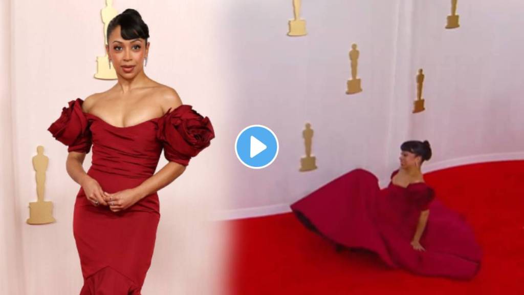 oscars 2024 actress liza koshy falls on oscars red carpet, video viral