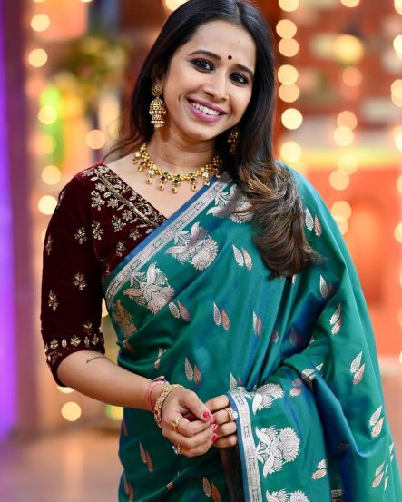 Shreya Bugde Sheth Peacock Green Saree