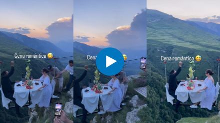 couple dining in mid air viral romantic dinner date video