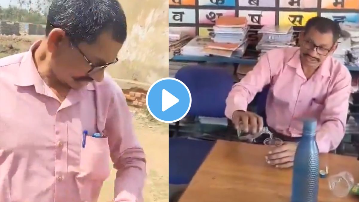 a drunk teacher entering a government school in Chhattisgarhs Bilaspur district carrying a liquor bottle in his pocket