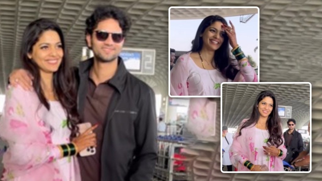 Pooja sawant siddhesh chavan spotted at Mumbai airport going on honeymoon