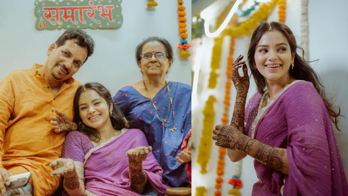 titeeksha tawde shared photos of her mehendi look in purple lehenga