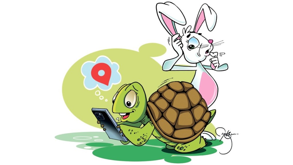balmaifal, story , modern tortoise and rabbit race, smart, use mobile and gps, win race, kids, children,