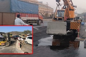 Due to the spread of concreting material on the highway traffic is still obstructed