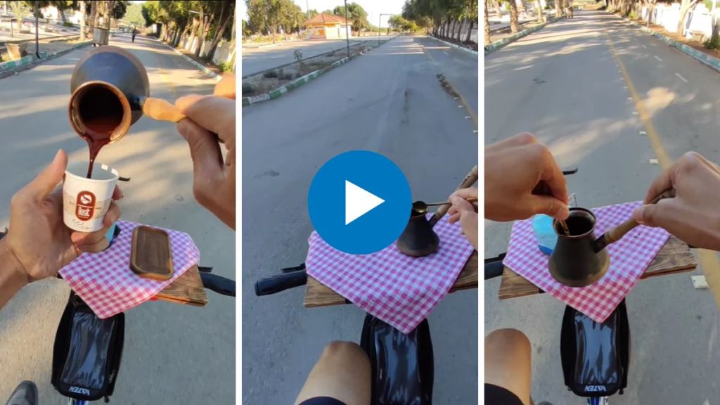 viral video man making coffee on cycle