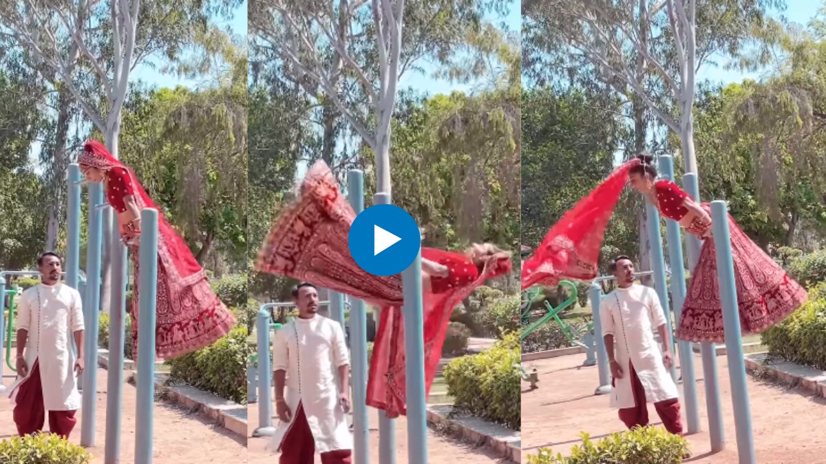 Viral wedding photoshoot of bride working out in a park in Traditional wedding lehenga netizen say her Tiger Shroff female version