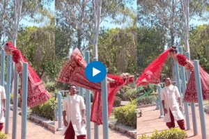 Viral wedding photoshoot of bride working out in a park in Traditional wedding lehenga netizen say her Tiger Shroff female version