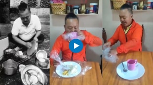 Man wraps utensils in plastic to avoid washing them.