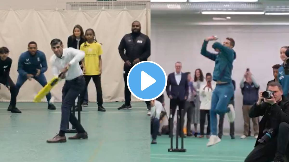 British Prime Minister Rishi Sunak batting in the net session with England players