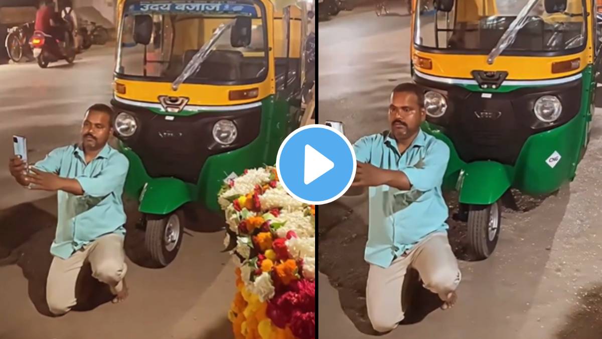 A dream come true Man kneels on the ground and takes a selfie with a rickshaw watch the heartwarming VIDEO