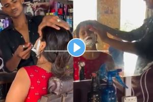 a girl cleaning shaved by sitting in salon