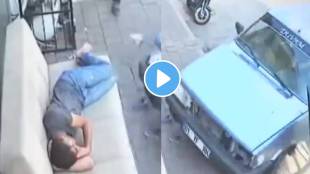 Viral Video Man sleeping comfortably on a sofa speeding car goes out of control and suddenly hits the young mans sofa