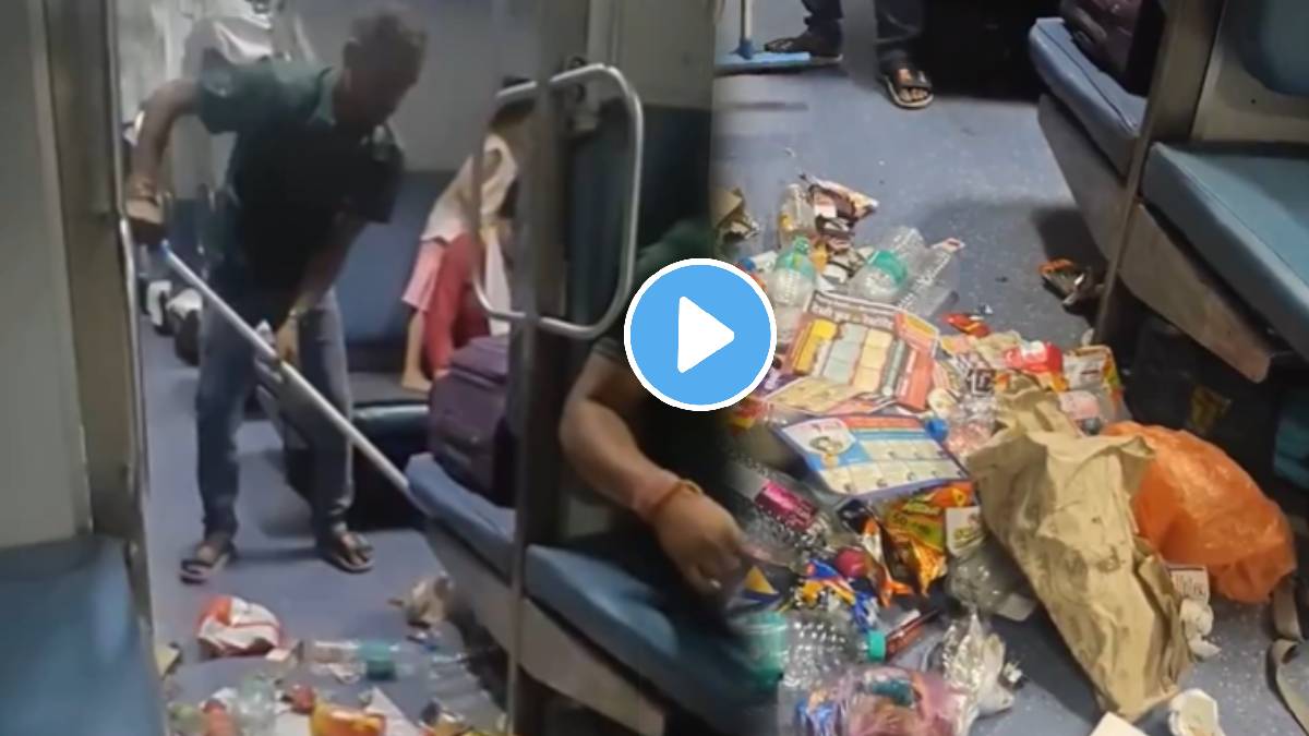 Viral Video Records Housekeeping Staff Sweeping garbage just next to their Passengers seats Netizens said use dustbins