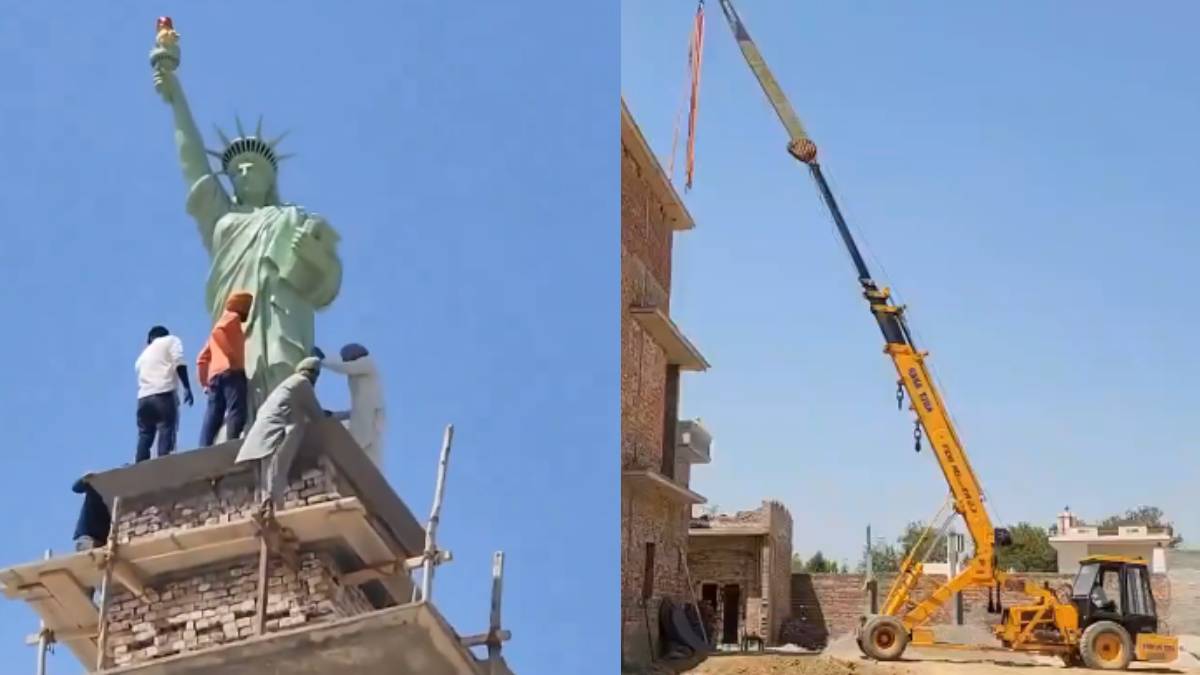 viral video locals placing a replica of the Statue of Liberty on the roof of an under construction building watch ones
