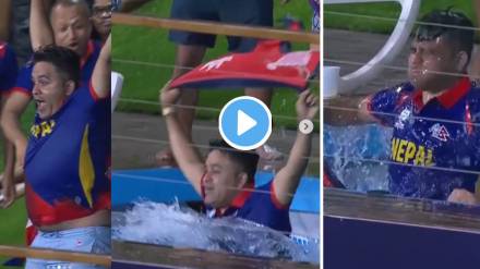 Nepal fan jumps into swimming pool Video viral in BAN vs NEP match
