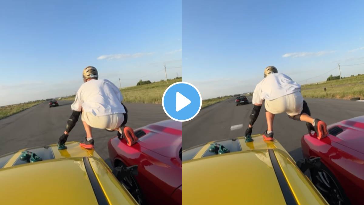 man stands on top of two speeding cars and when both cars reach a third car And Jump on It ahead watch viral video ones