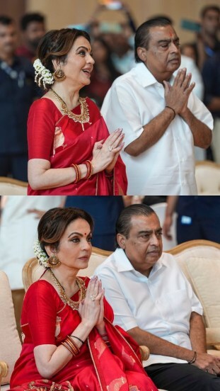 ambani family mass wedding nita ambani red saree viral 
