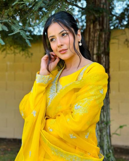 Shehnaaz Gill Yellow Anarkali Dress