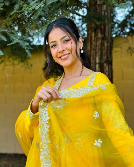 Shehnaaz Gill Yellow Anarkali Dress