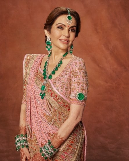 nita ambani blouse design has names of children and sankrit shloka