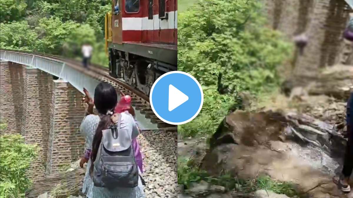 couple was making reel on railway bridge when train came they jumped into 140 feet deep ditch accident shocking video goes viral