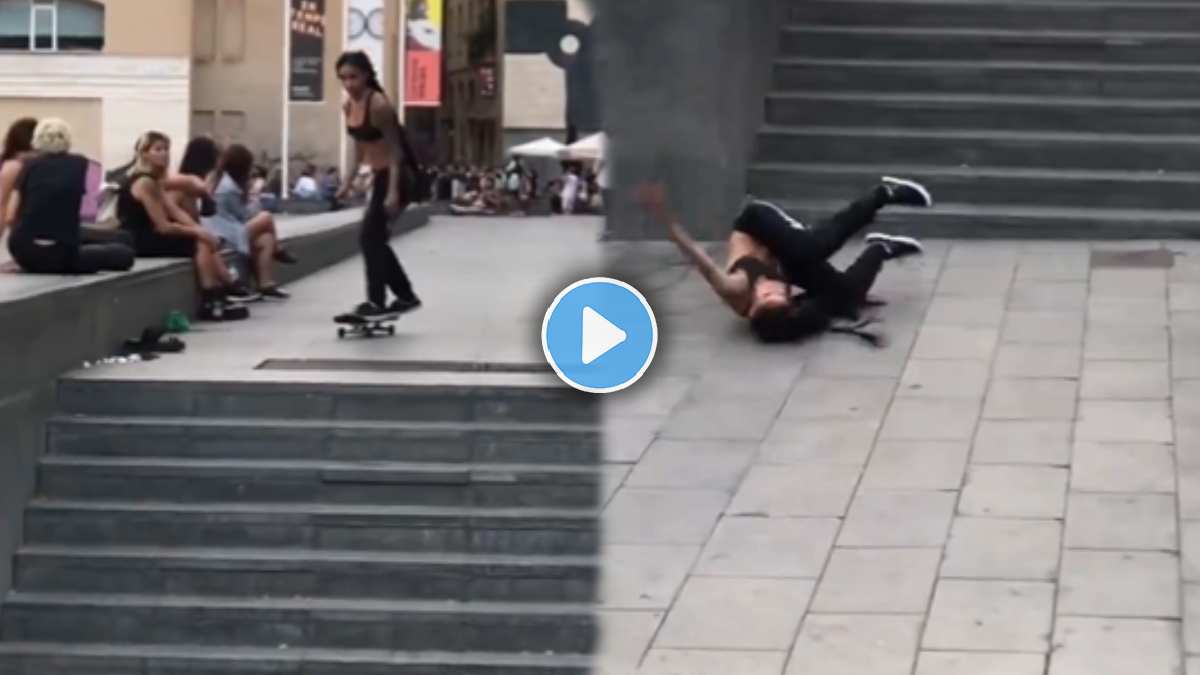 Girl Jumping high from a skateboard