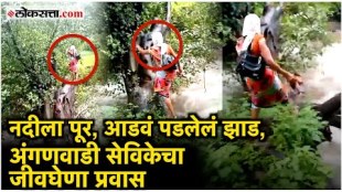 A video of an anganwadi worker crossing a flooded river in Nadurbar has gone viral