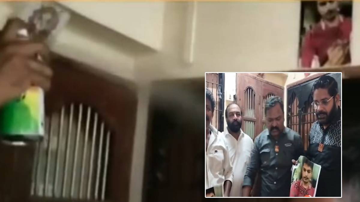 sambhaji brigade workers staged a strong protest in front of sculptor jaideep apte house in kalyan