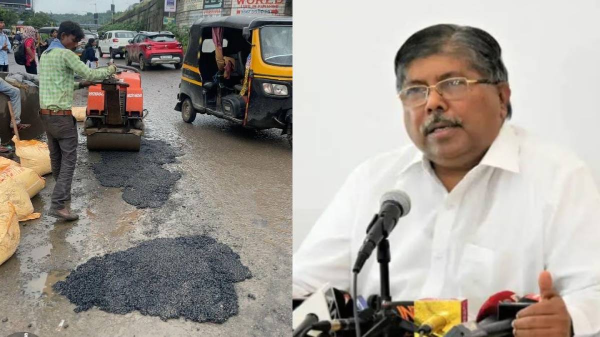 maharashtra minister chandrakant patil come down on road to fill potholes in city pune
