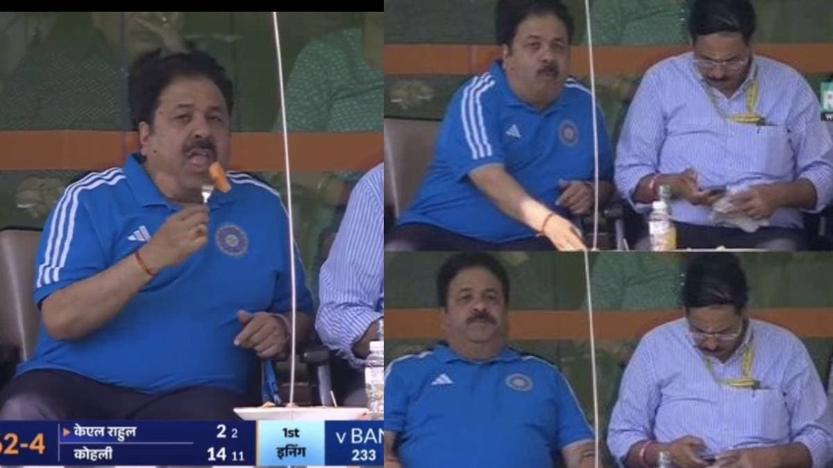 Ind Vs Ban BCCI Vice President Rajeev Shukla Eating Fruit Video Goes Viral on Live TV In Kanpur Test