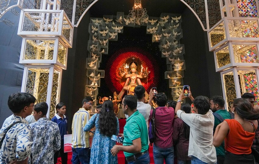 Devotees at Durga Puja pandal
