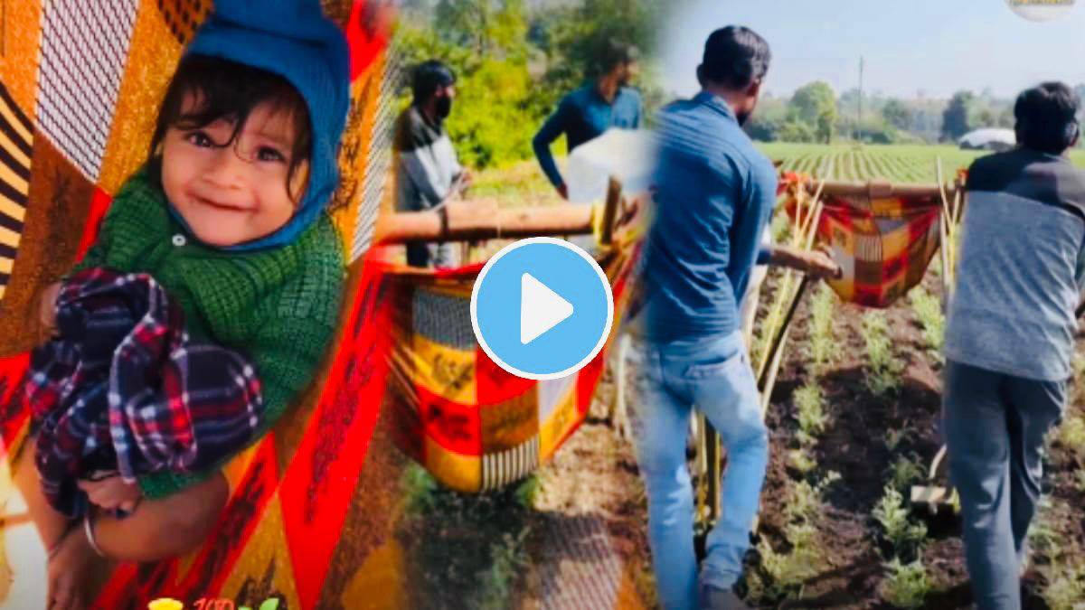 Father love video of little boy goes viral which was sleeping in zoka at farm video goes viral