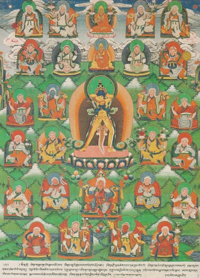 More details
The 25 Kings of Shambhala. Central figure is a yidam, a meditation deity in Tantric Buddhism. The middle figure in the top row represents the Tibetan Buddhist yogi and philosopher Je Tsongkhapa.