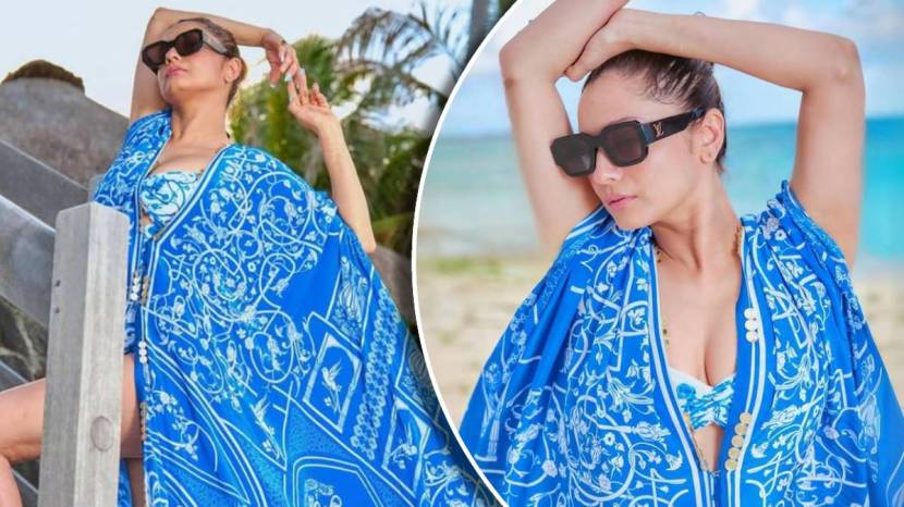 Ankita lokhande in sky blue monokini photoshoot on beach
