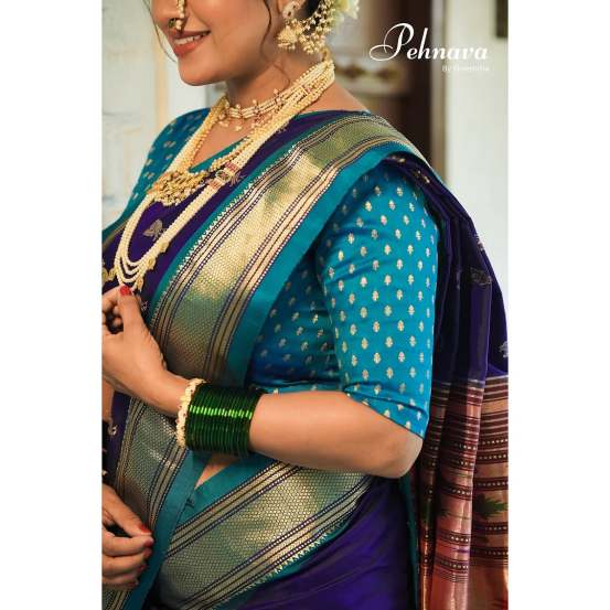 Dhanashri Kadgaonkar shares pictures in violet paithani saree on social media on the occasion of Shivaji Jayanti