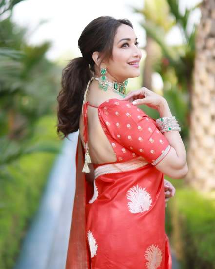 Madhuri Dixit Nene Red Saree Look