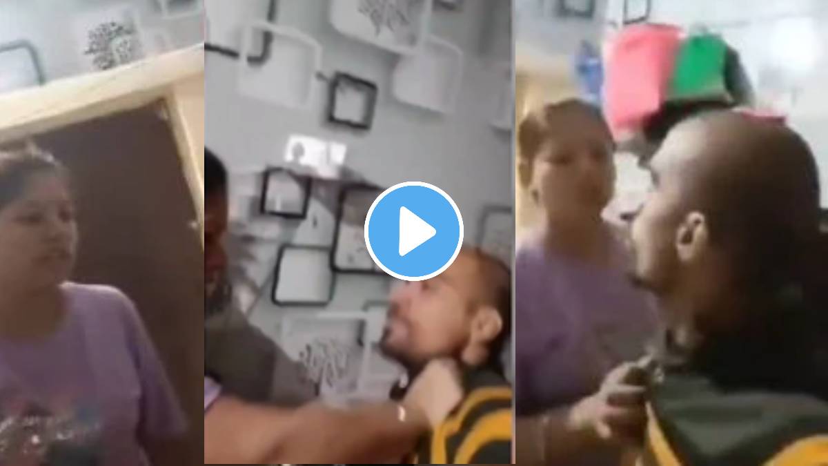 Shocking video satna wife beats husband on camera video viral on social media