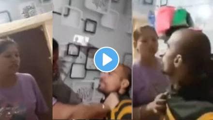 Shocking video satna wife beats husband on camera video viral on social media