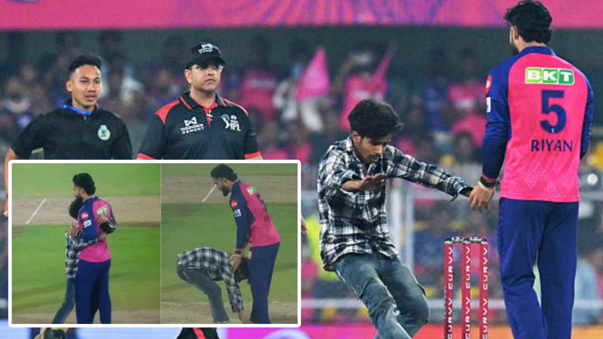 Riyan Parag Fan Invades Pitch in Guwahati Touches RR Star Player Feet and Hugs Video