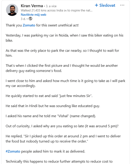 Upon inquiring, the delivery agent explained that the customer had failed to receive the order (Image source: Kiran Verma/LinkedIn)