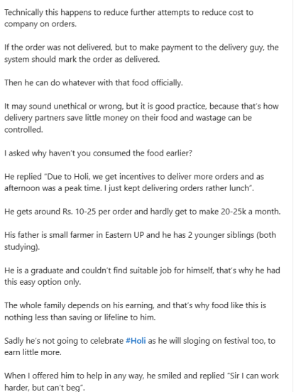 Upon inquiring, the delivery agent explained that the customer had failed to receive the order (Image source: Kiran Verma/LinkedIn)