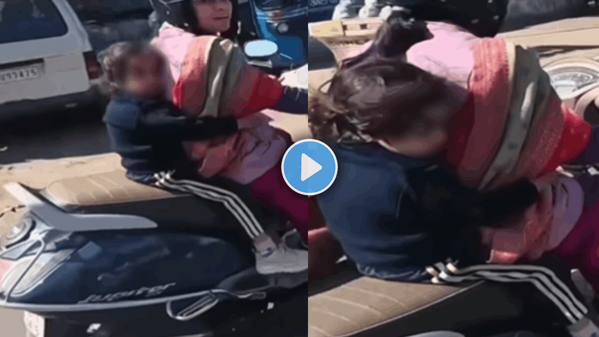 Shocking video of mother careless behaviours towards her daughter on scooter terrifying video viral
