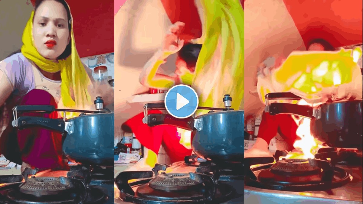 Shocking Video Viral of woman dupatta caught fire while making reel on kitchen viral video on social media