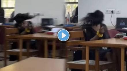 young girl in library act like a ghost