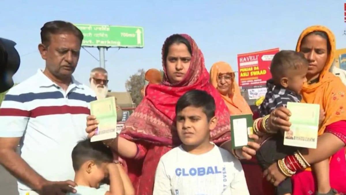 Wajida Khan standing with her children at the Attari border, holding documents and speaking to the media