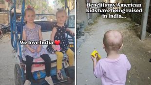 "An American mother with her children in India, enjoying the vibrant cultural environment."