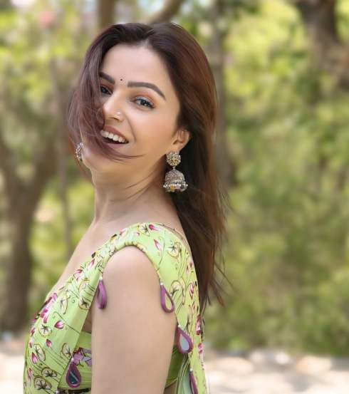 Rubina Dilaik Looks Glamorous in Green Saree with Pink Elephant Design